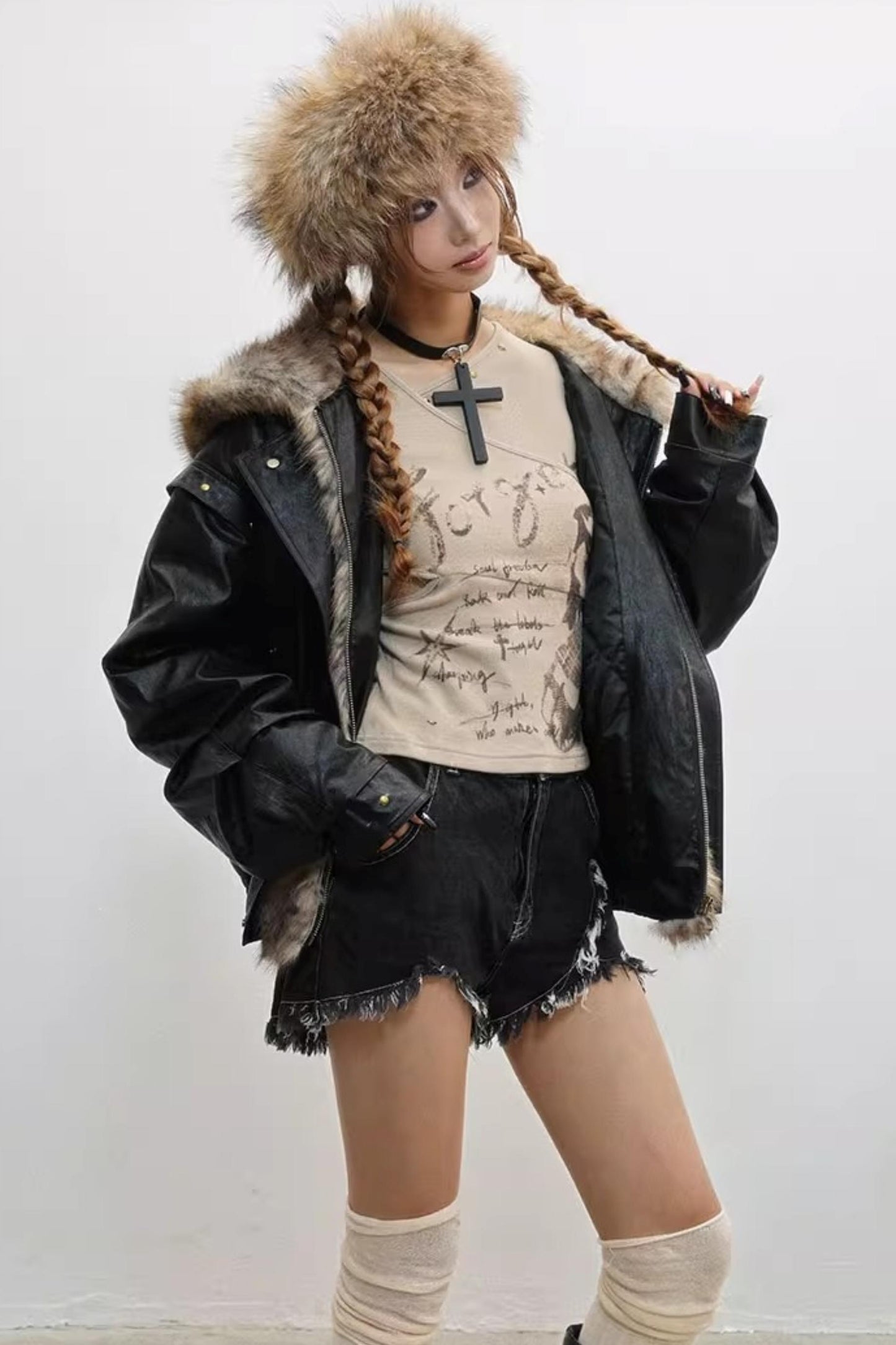 Invisible Fur Patchwork Leather Jacket