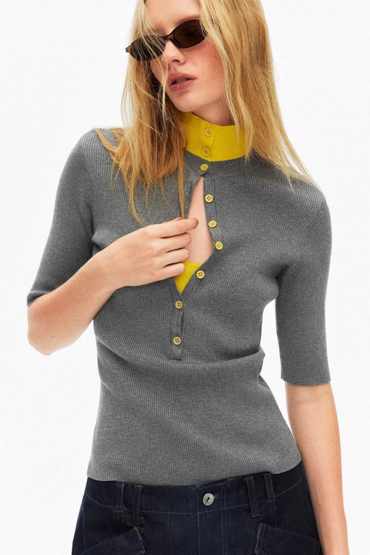 Modern gray and yellow color-blocked slim-fit knit top