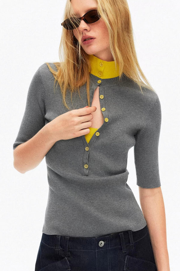 Modern gray and yellow color-blocked slim-fit knit top