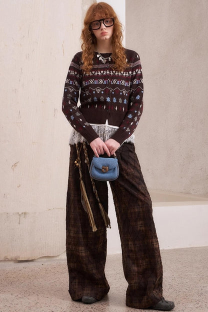 Textured Loose Plaid Trousers