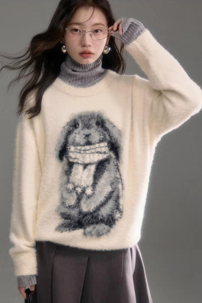Color-Blocked Rabbit Jacquard Sweater