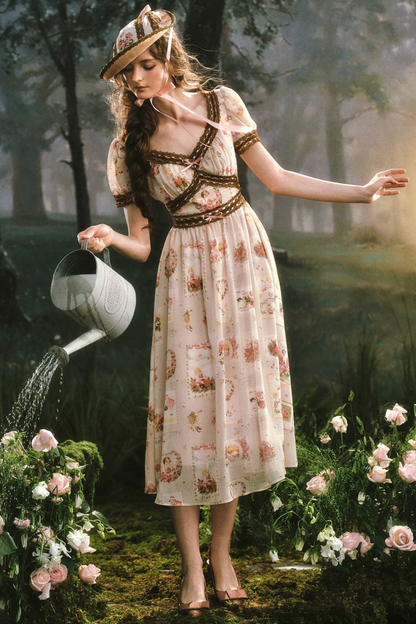 French Retro Lace Print Dress