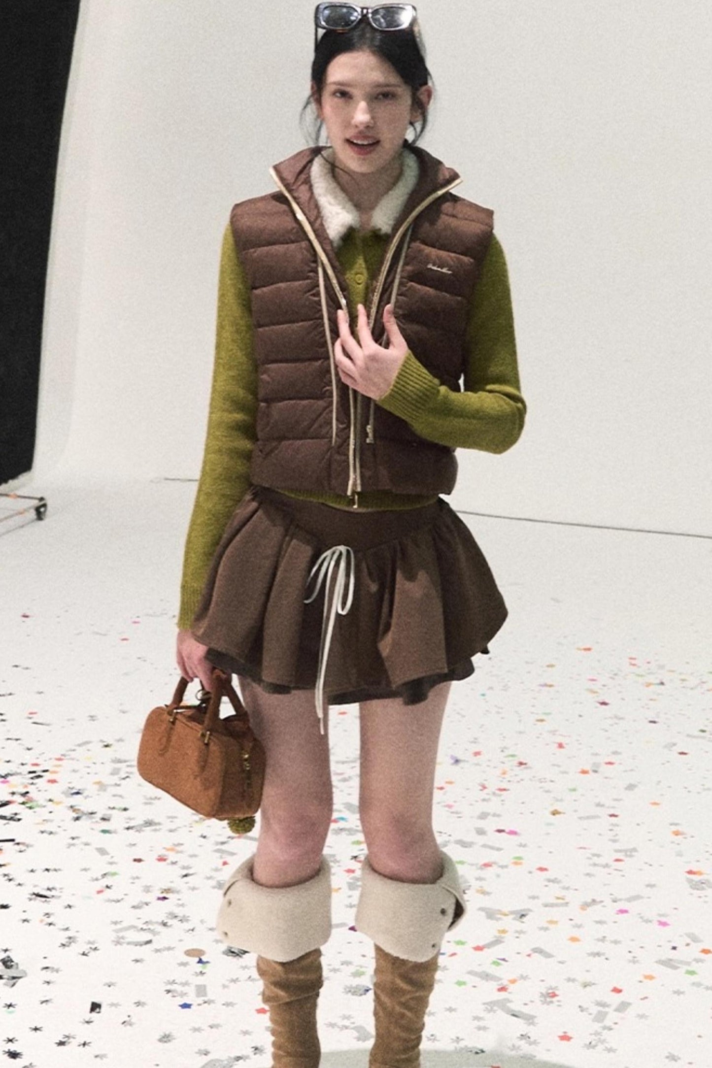 Plaid Color-Blocked Puffy Skirt