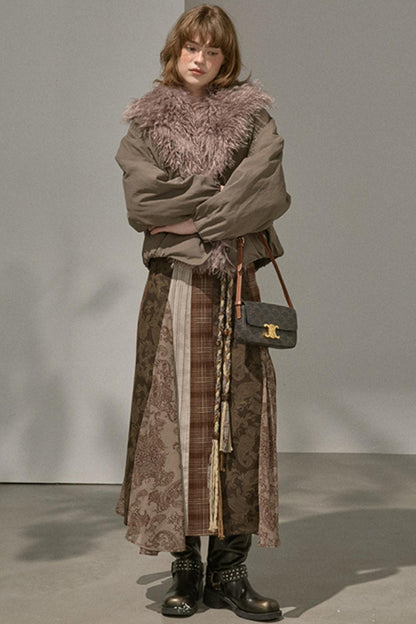 Floral Stitching Brown Skirt