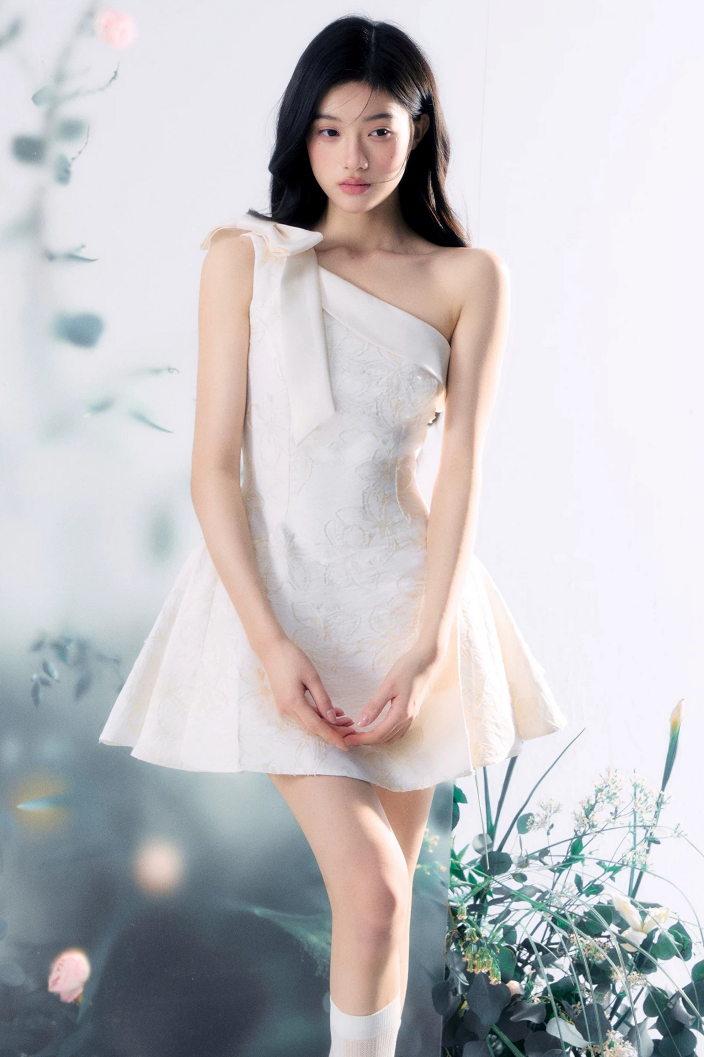 Floral Bow One-Shoulder Dress