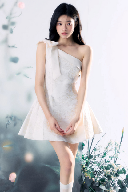 Floral Bow One-Shoulder Dress