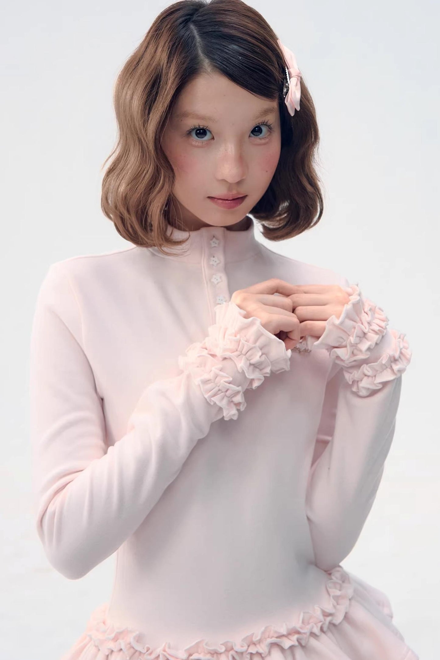 Six-Button Lace Hem Blouse Top