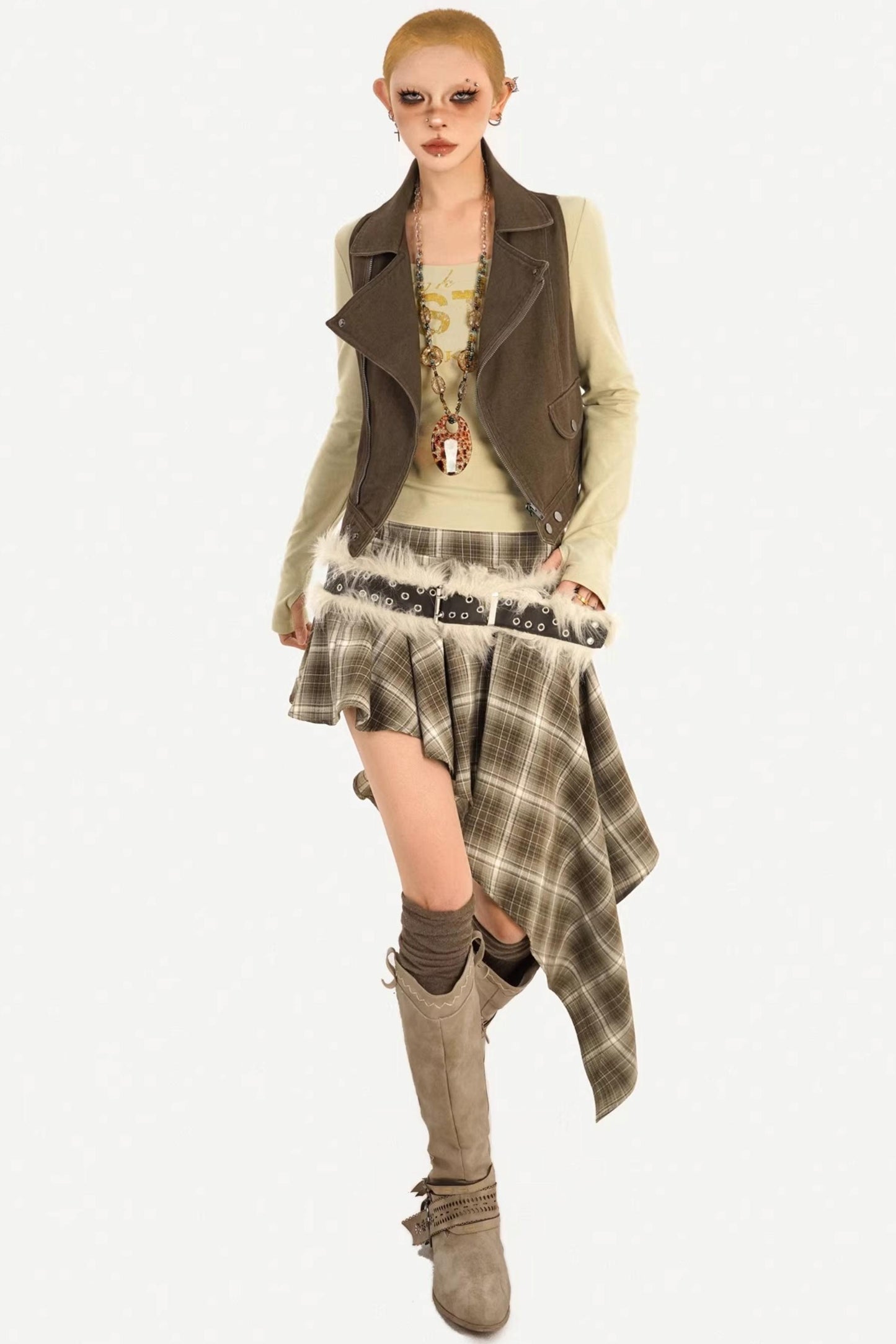 Retro Plaid Asymmetrical Skirt
