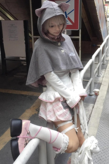 Cute Gray-Pink Cat Ears Hooded Coat