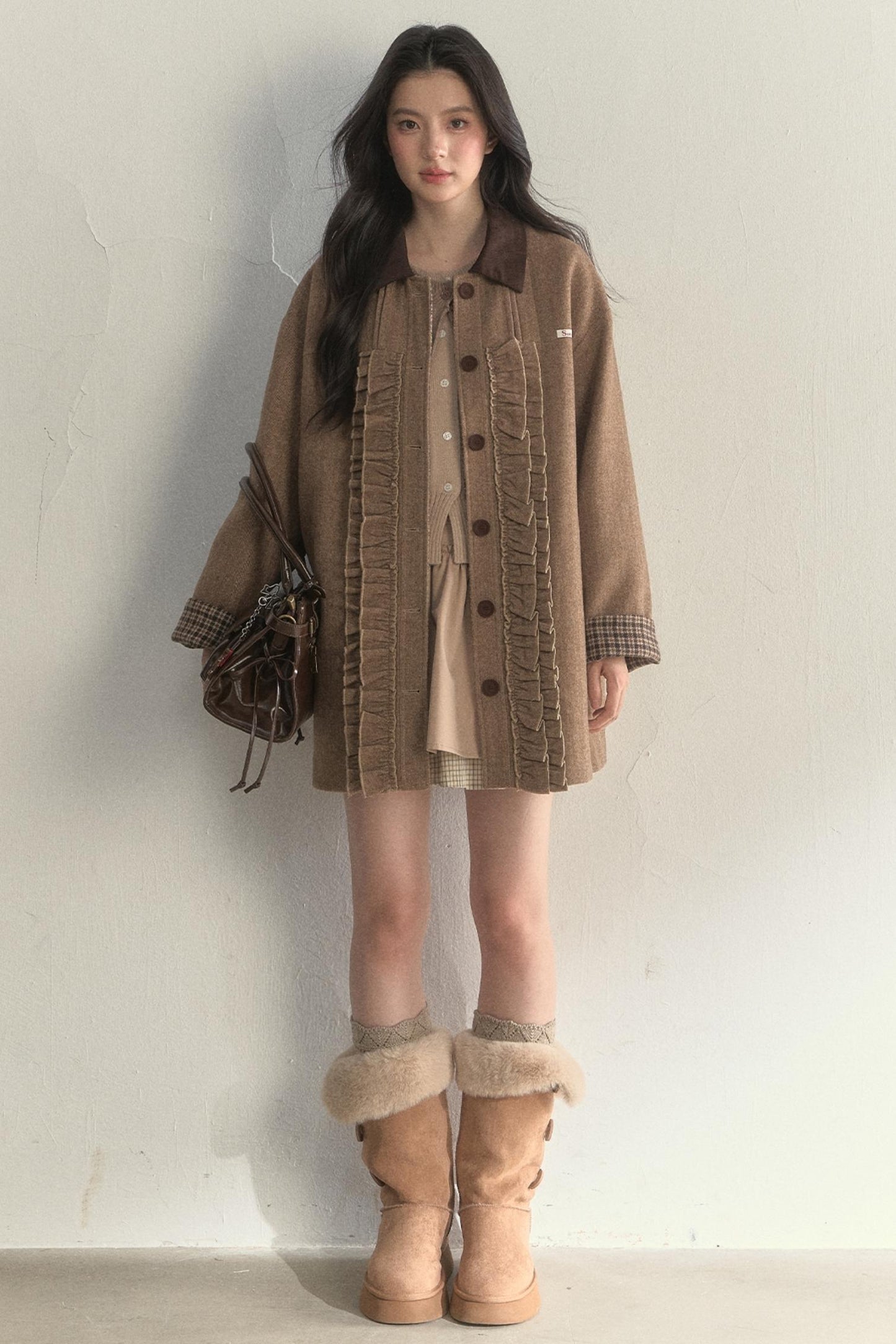 Vintage Khaki Houndstooth Wool Coat