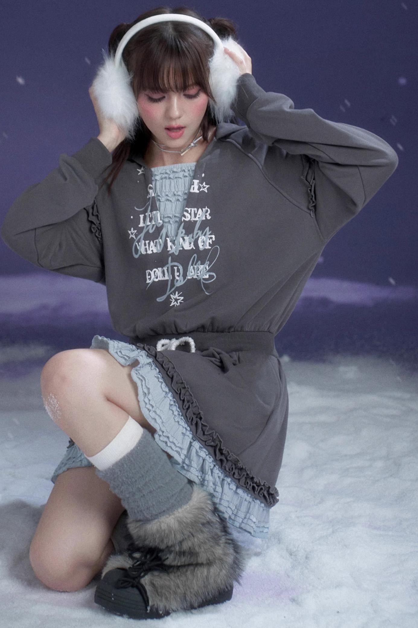 Gray-Blue Hooded Sweatshirt Dress