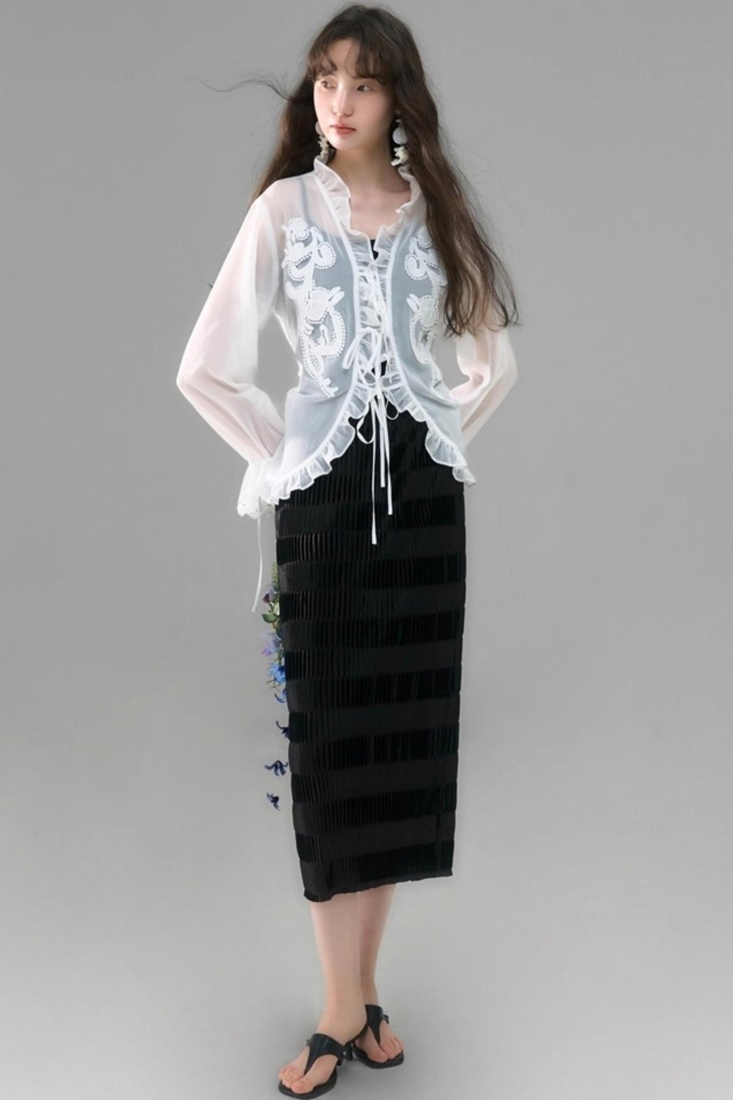 Autumn Lace-Up V-Neck Embroidered Shirt