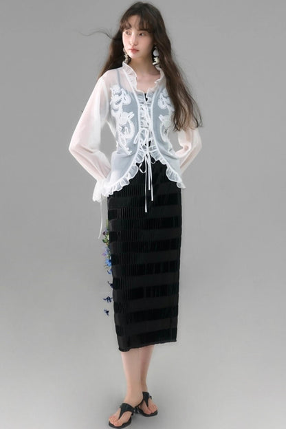 Autumn Lace-Up V-Neck Embroidered Shirt