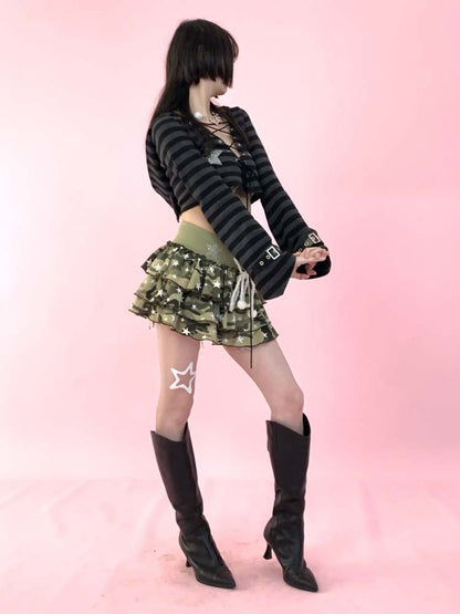 Cat Ears Border Lace Up Hoodie & Short Pants