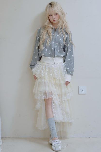 Beige Lace Patchwork Chiffon Skirt