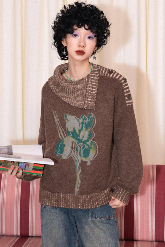 Retro Lapel Print Pullover Sweater