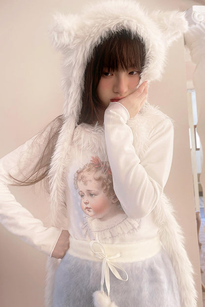 Vintage Angel Print Fur Collar Long Sleeve T-Shirt