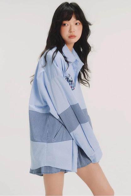 Blue Check Stitch Applique Shirt