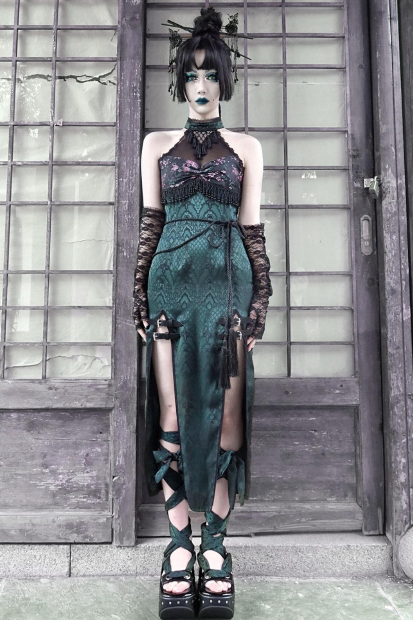 Gothic Mesh Slit Cheongsam Dress Set-Up