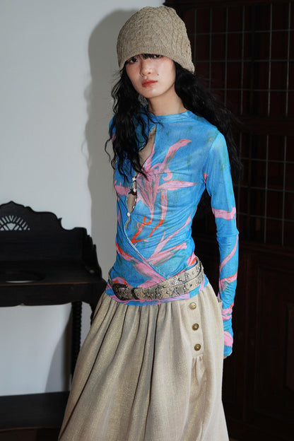 Chinese Mesh Cutout Long-Sleeved Top