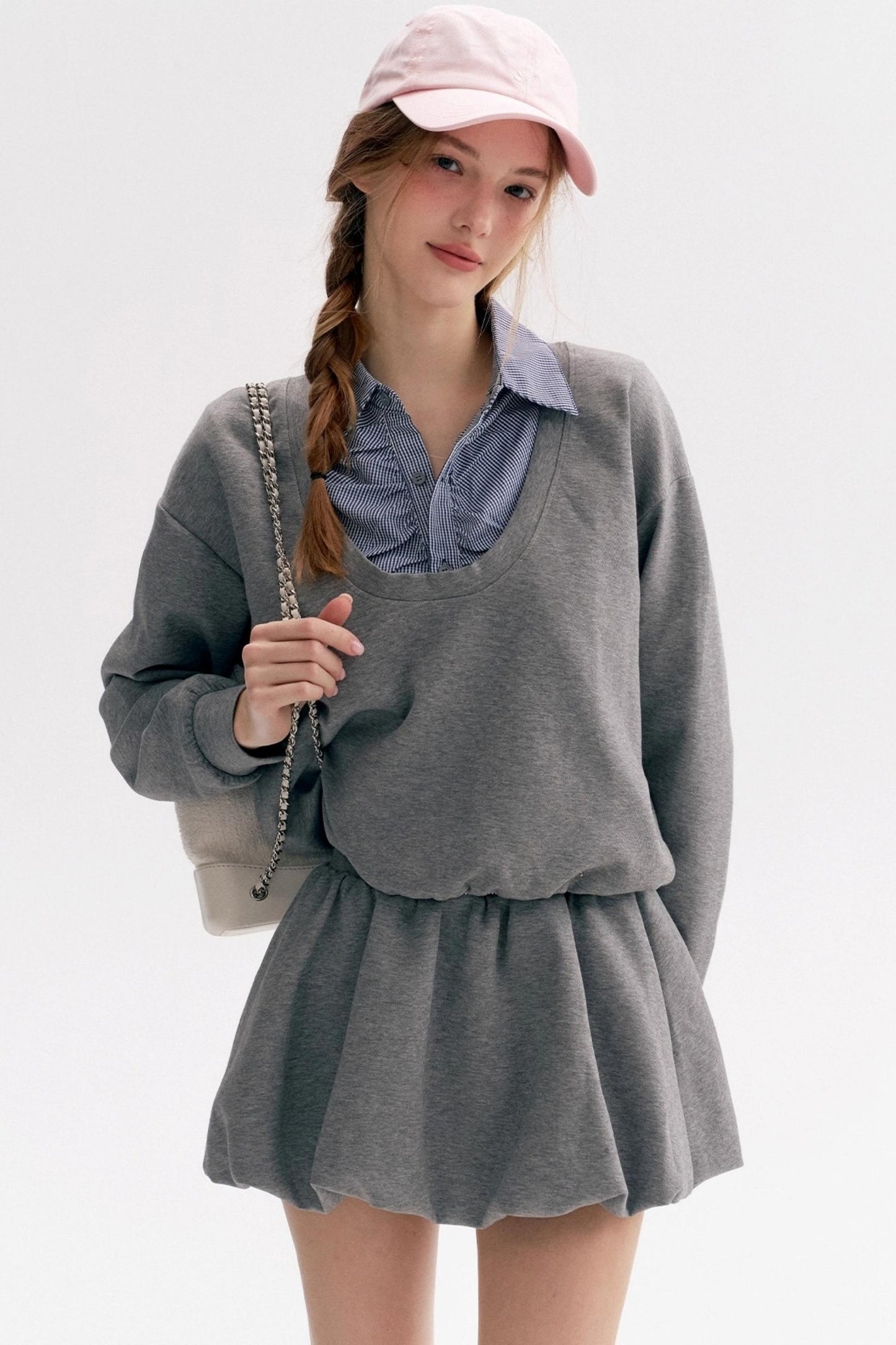 Lazy Casual Check Puffy Skirt Set-Up