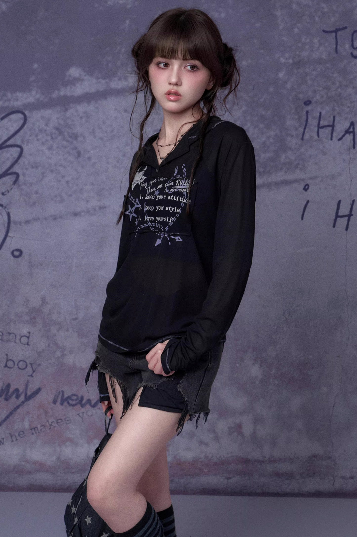 Mesh Graffiti Hooded Top Matching Set