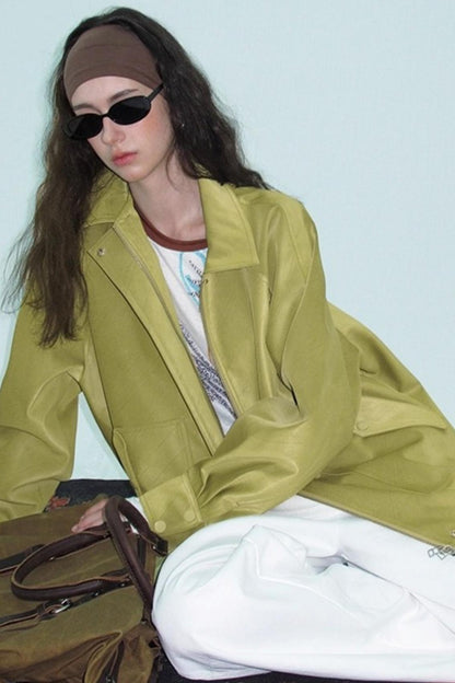 Green Lapel Leather Jacket