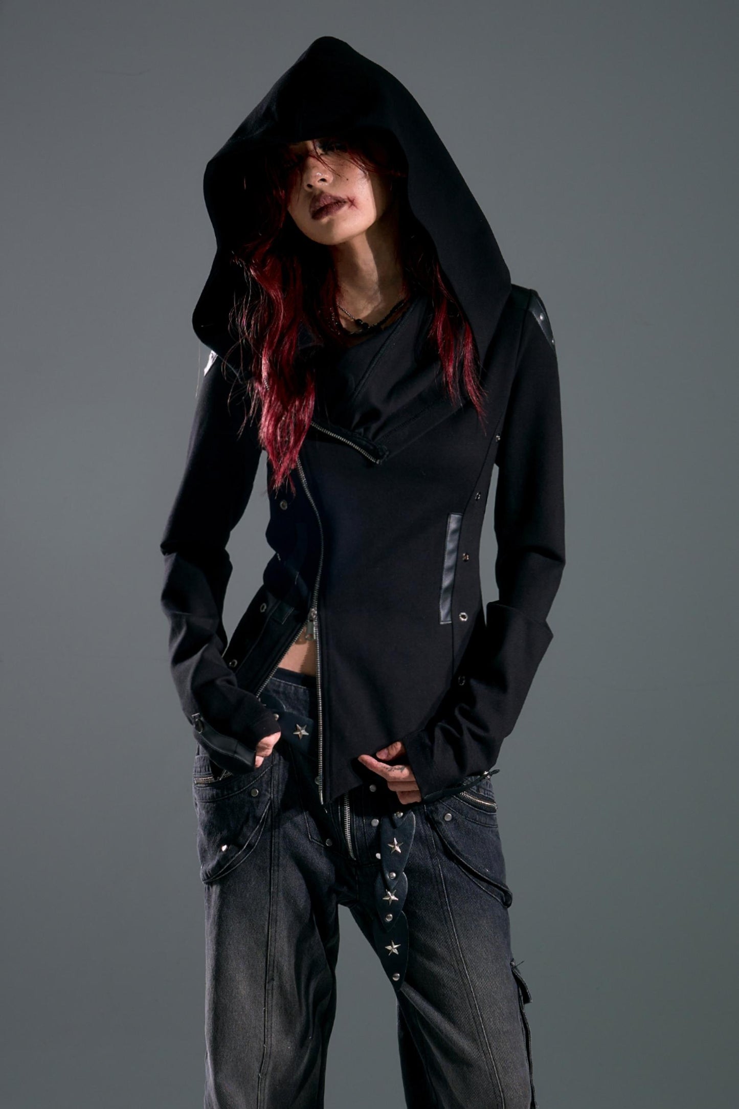 Hooded Asymmetrical Zip Knit Top