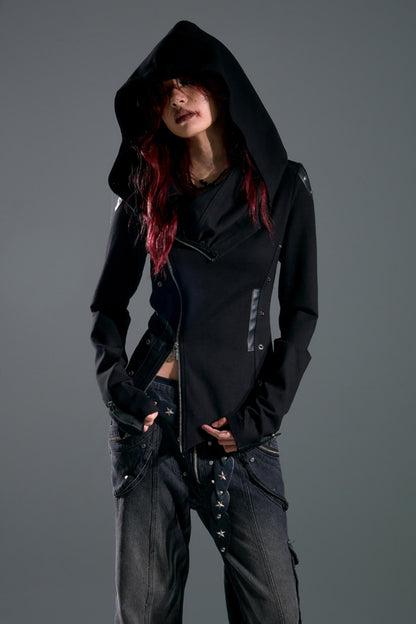 Hooded Asymmetrical Zip Knit Top