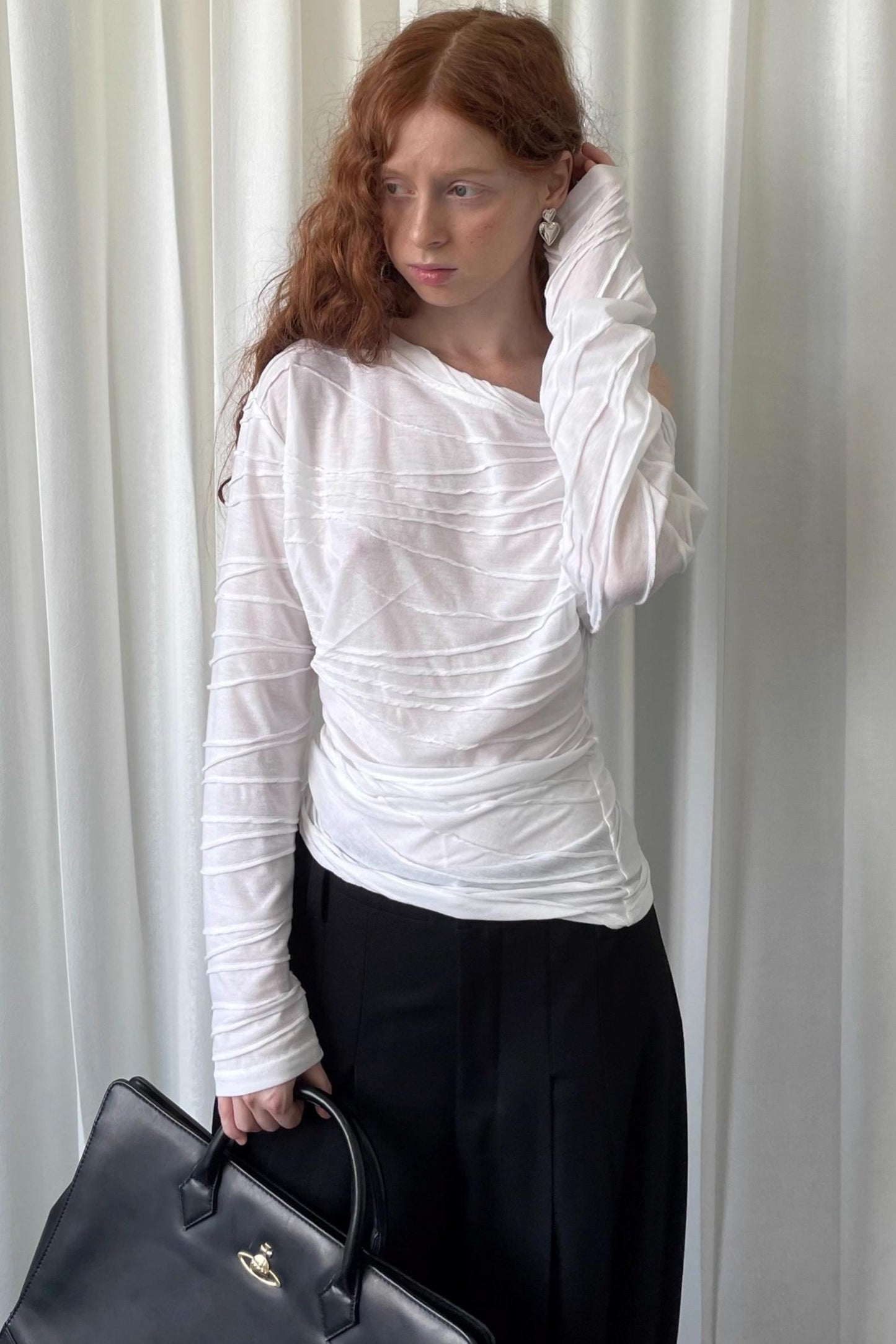 Pleated Slanted Shoulder Slimming Top