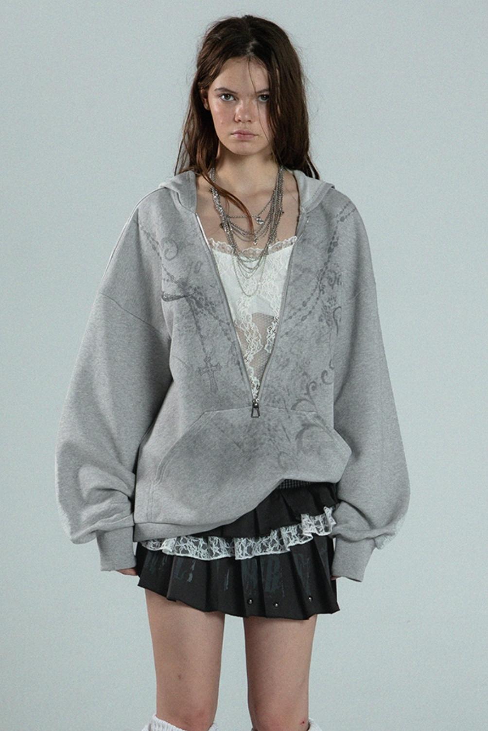 Lace Zip Kick Sleeve Hooded Sweatshirt