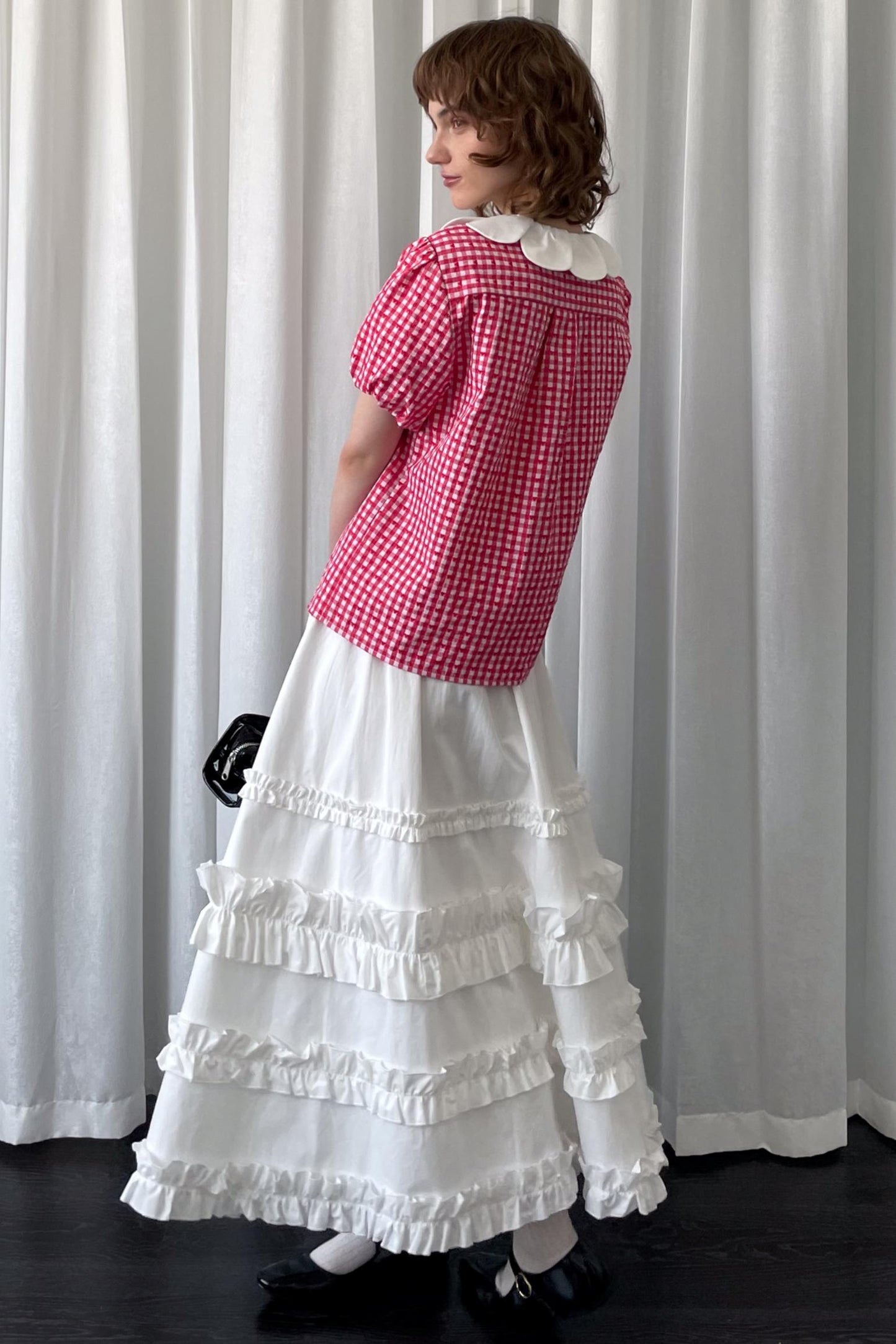 Red Plaid Lantern Sleeve Shirt