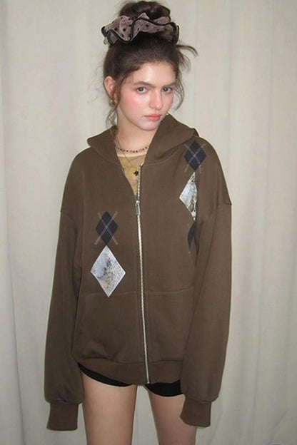 Diamond Check Hooded Cardigan