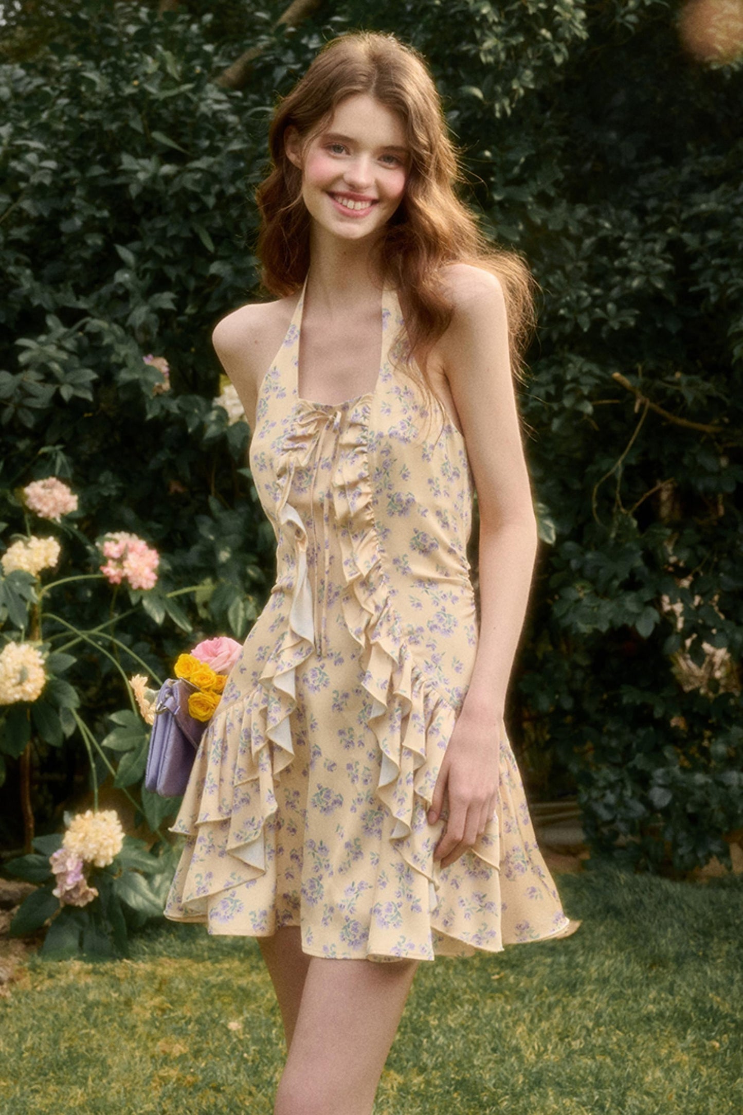 Lemon Sea & Iris Lace Halter Satin Dress