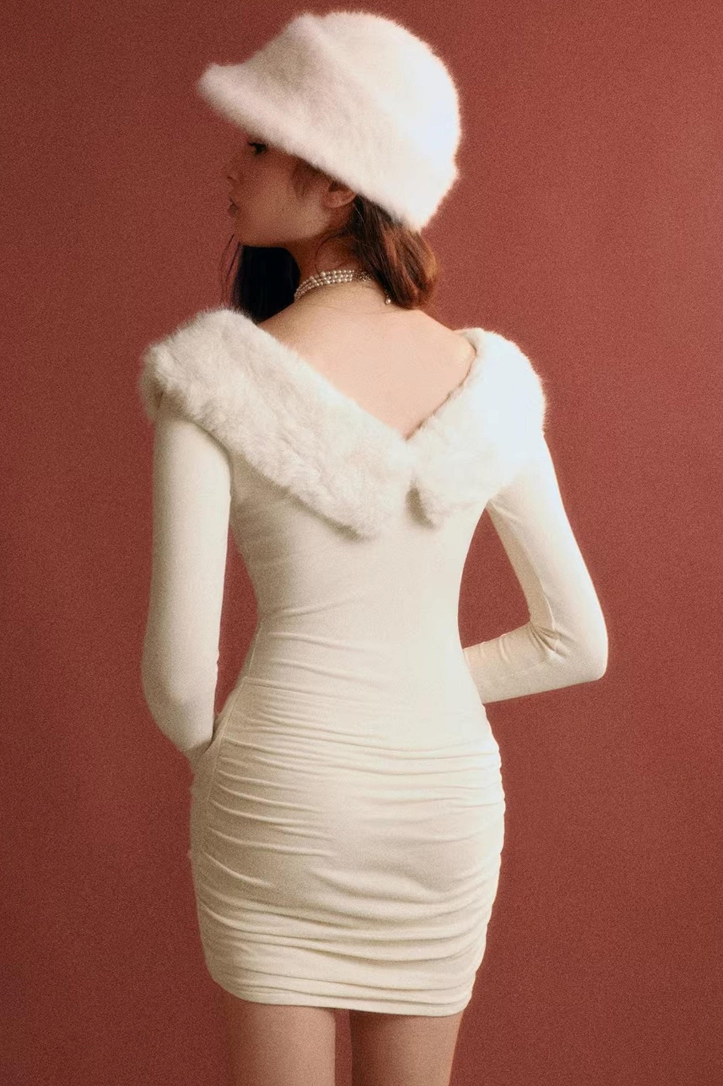Furry V-Neck Slim Dress