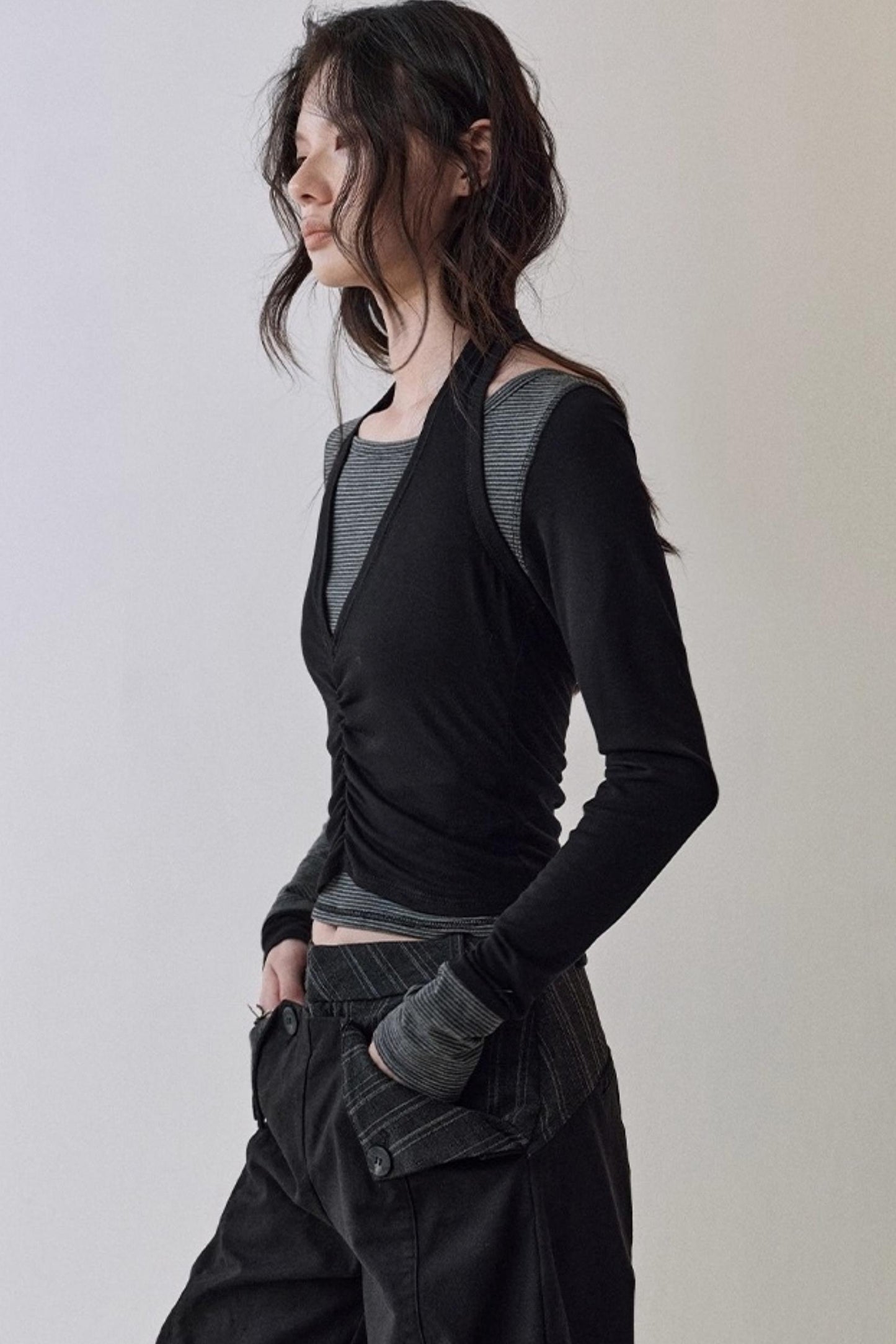 Striped Stitching Two-Piece Halterneck T-shirt