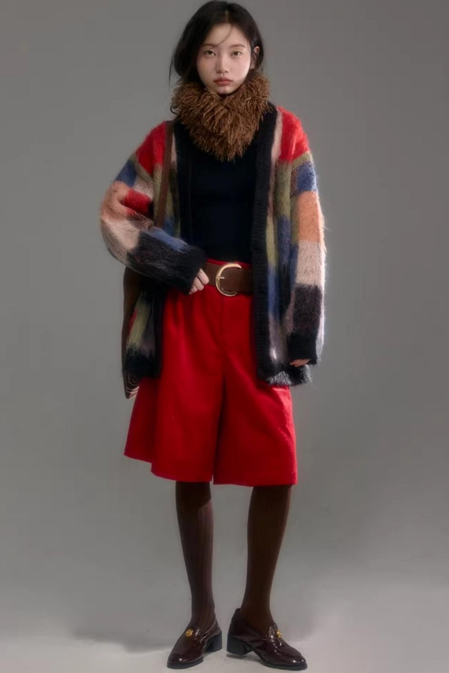 Color-Block-Strickjacke aus Wolle mit Karomuster