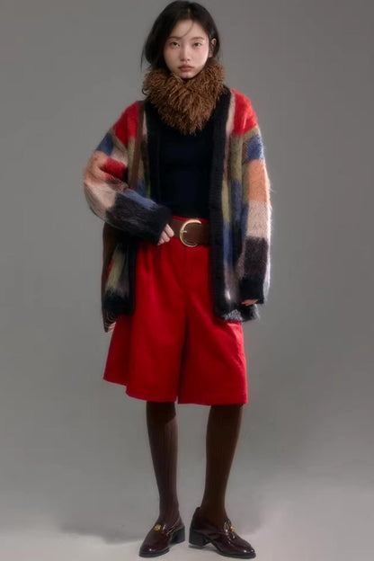 Color-Block-Strickjacke aus Wolle mit Karomuster