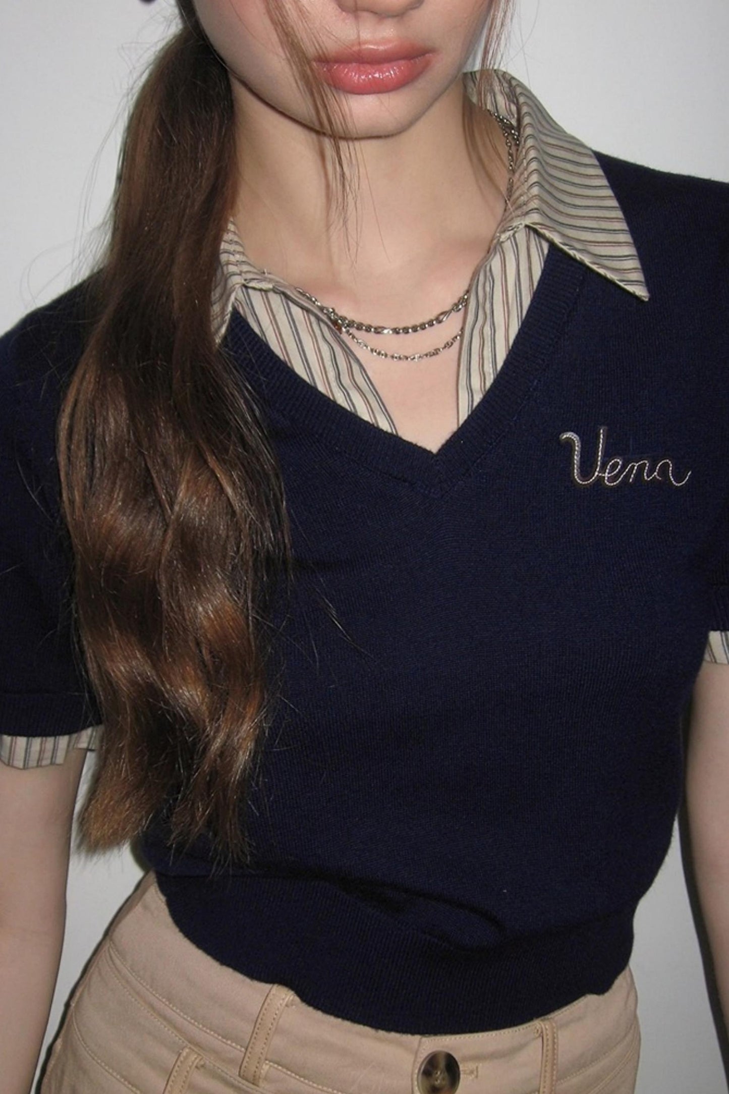 Embroidered Striped Collar Fake Two Piece T-Shirt