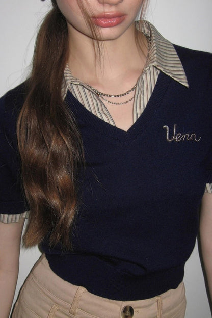 Embroidered Striped Collar Fake Two Piece T-Shirt