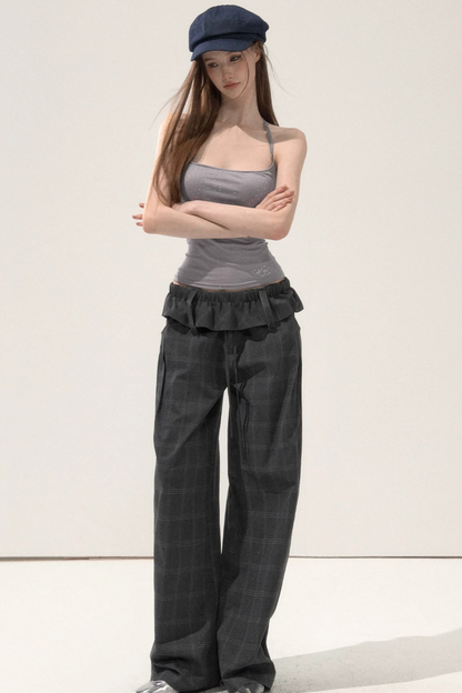 Folded Waistband Plaid Pants