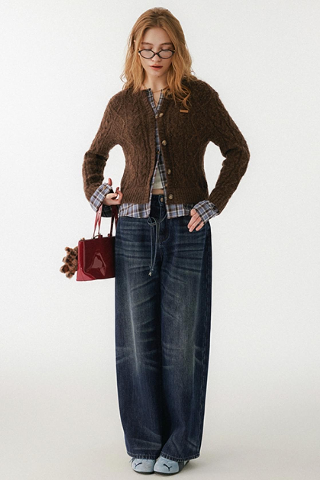 Plaid Wool Knit Cardigan