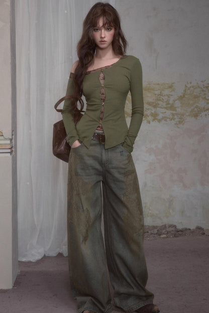 Retro Lace Straight Jeans