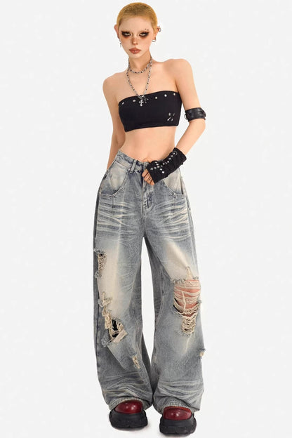 American Retro Ripped Denim Pants
