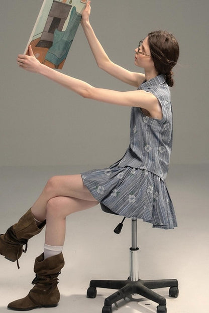 Flower Stitch Vest Skirt Set-Up