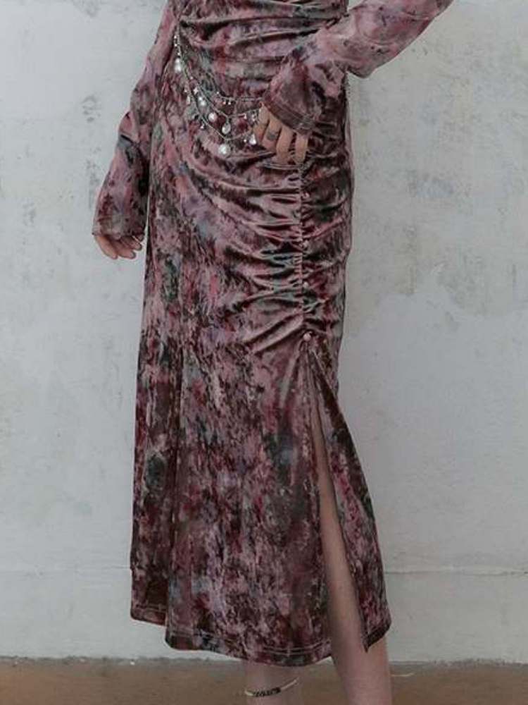 Chinese Style Marble Print Tops & Slit Skirt