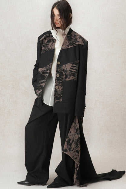 Velvet Panel V-neck Coat With Scarf Set-Up