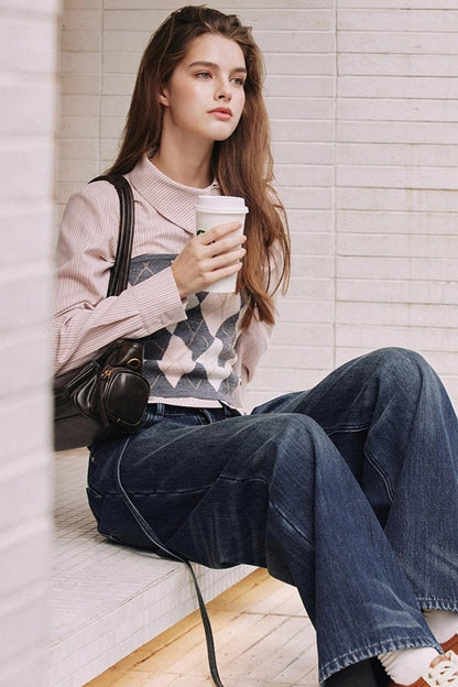 Striped Asymmetrical Slanted Placket Shirt Set-Up