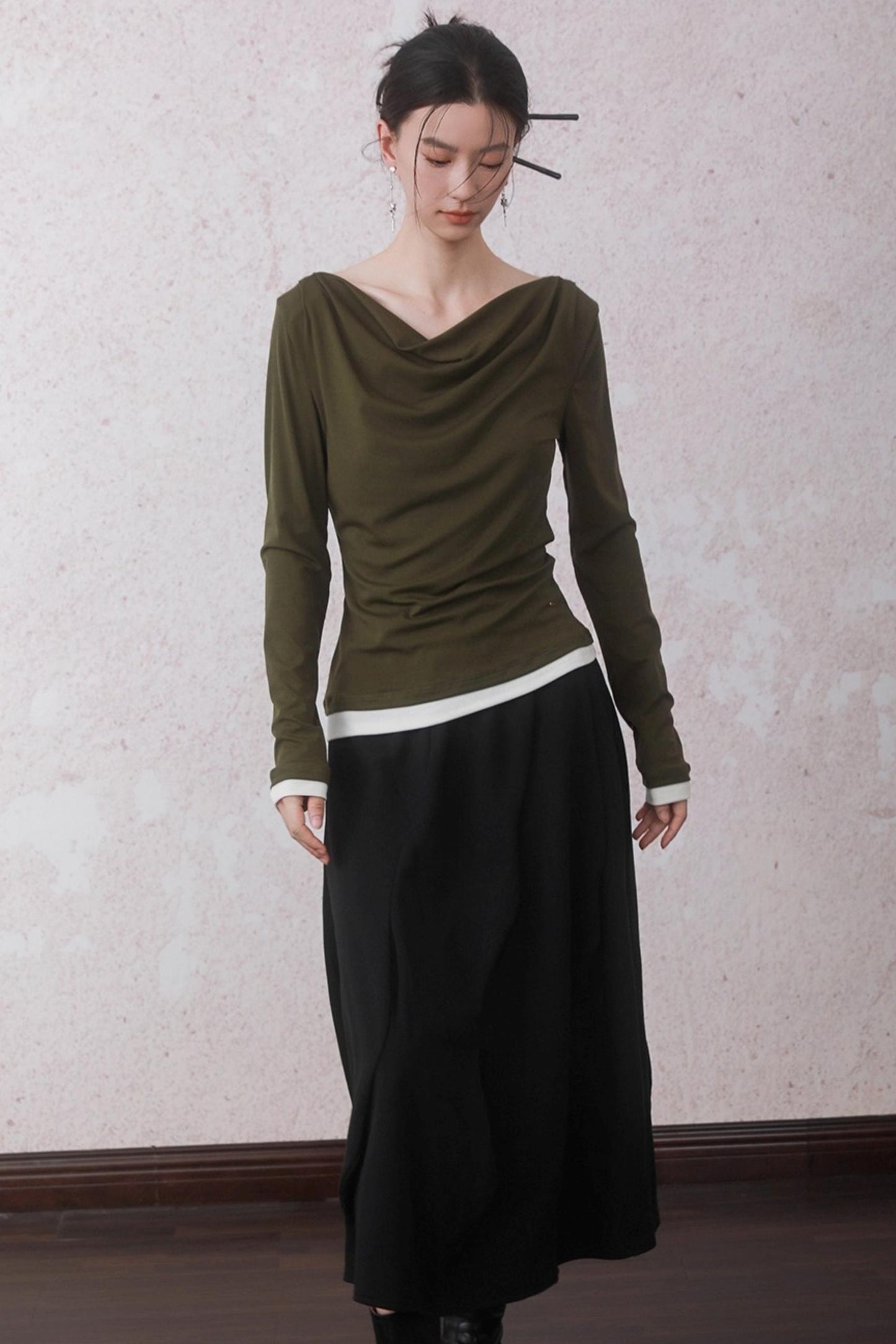 Tencel Lyocell Olive Green Swing Collar T-Shirt