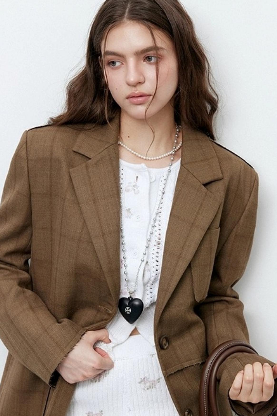 Brown Check Raw Edge Blazer